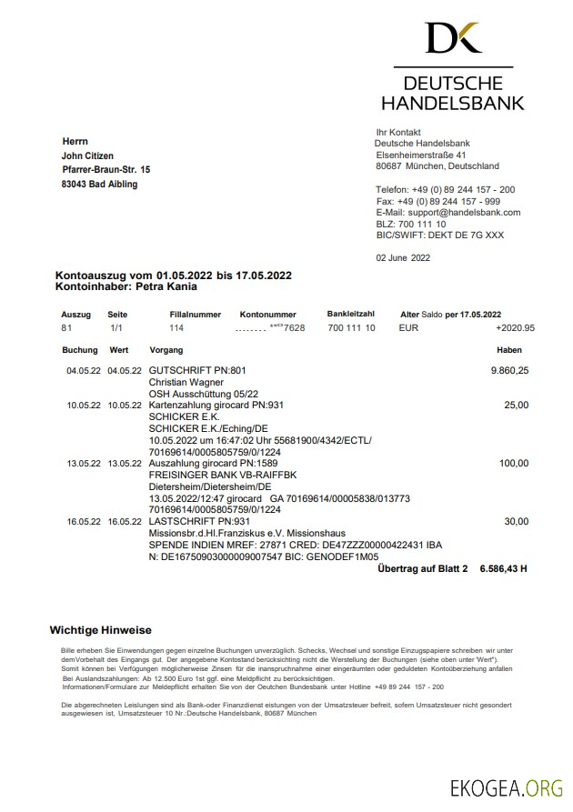 Déclaration de la Handelsbank allemande sur Deutsch